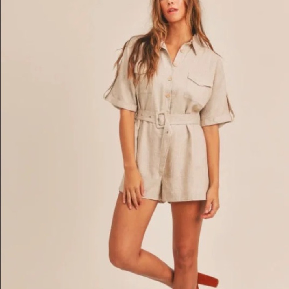 Cotton Linen Button Up Romper - Oatmeal